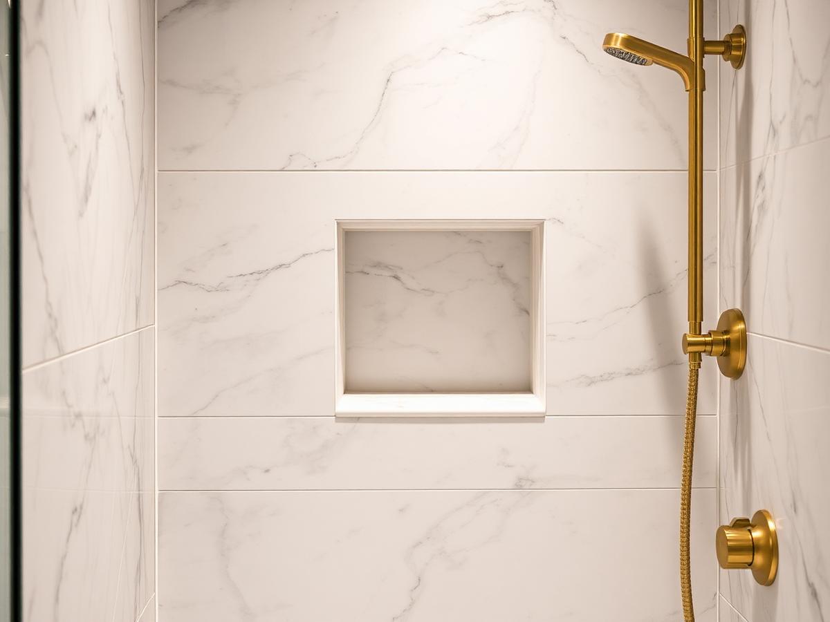 Marble shower tile detail with brushed gold fixtures